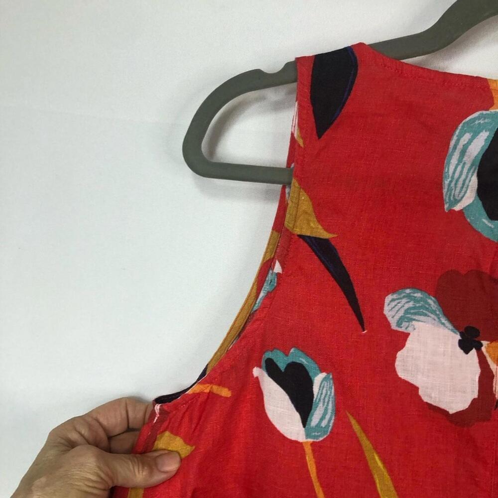 Sigrid Olsen Red Floral Mini Dress Linen Button Closure Pockets - Picture 3 of 8